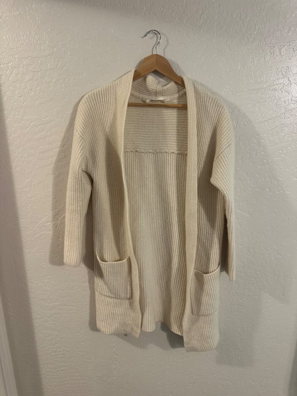 Athleta Sunday Sweater Cardigan Wool Cashmere Cream Ribbed Long Fall Top